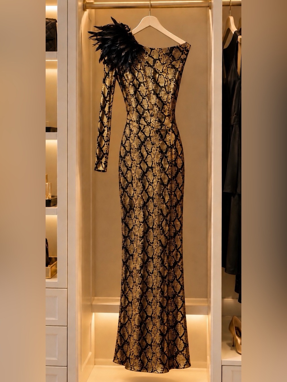 Black & Gold Snake Print Feather-Shoulder Gown – Size Small